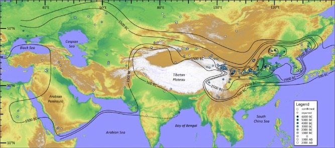 Diffusion of broomcorn millet (Panicum miliaceum) throughout Eurasia between 5500–500 BC (Stevens & al. 2016 fig. 3)